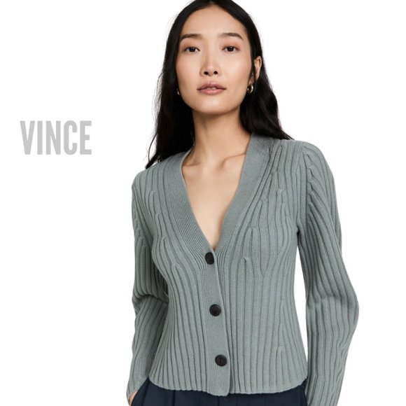 🤍 VINCE XS Poet Ribbed Cardigan Cashmere/Merino Wool  in Mineral Sea NEW - Picture 1 of 9